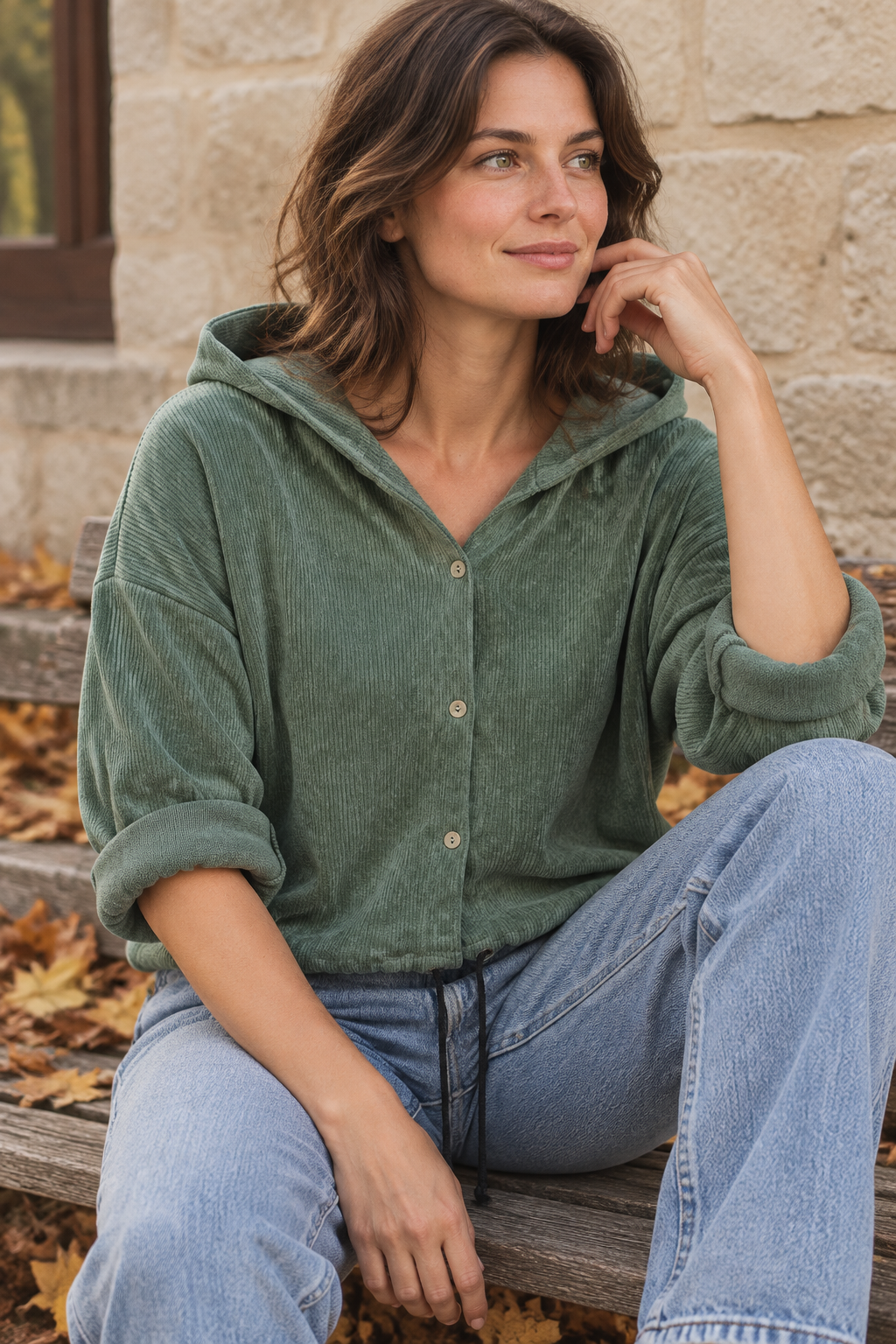 Olivgrüner Cord-Hoodie am sitzenden Model im Herbst