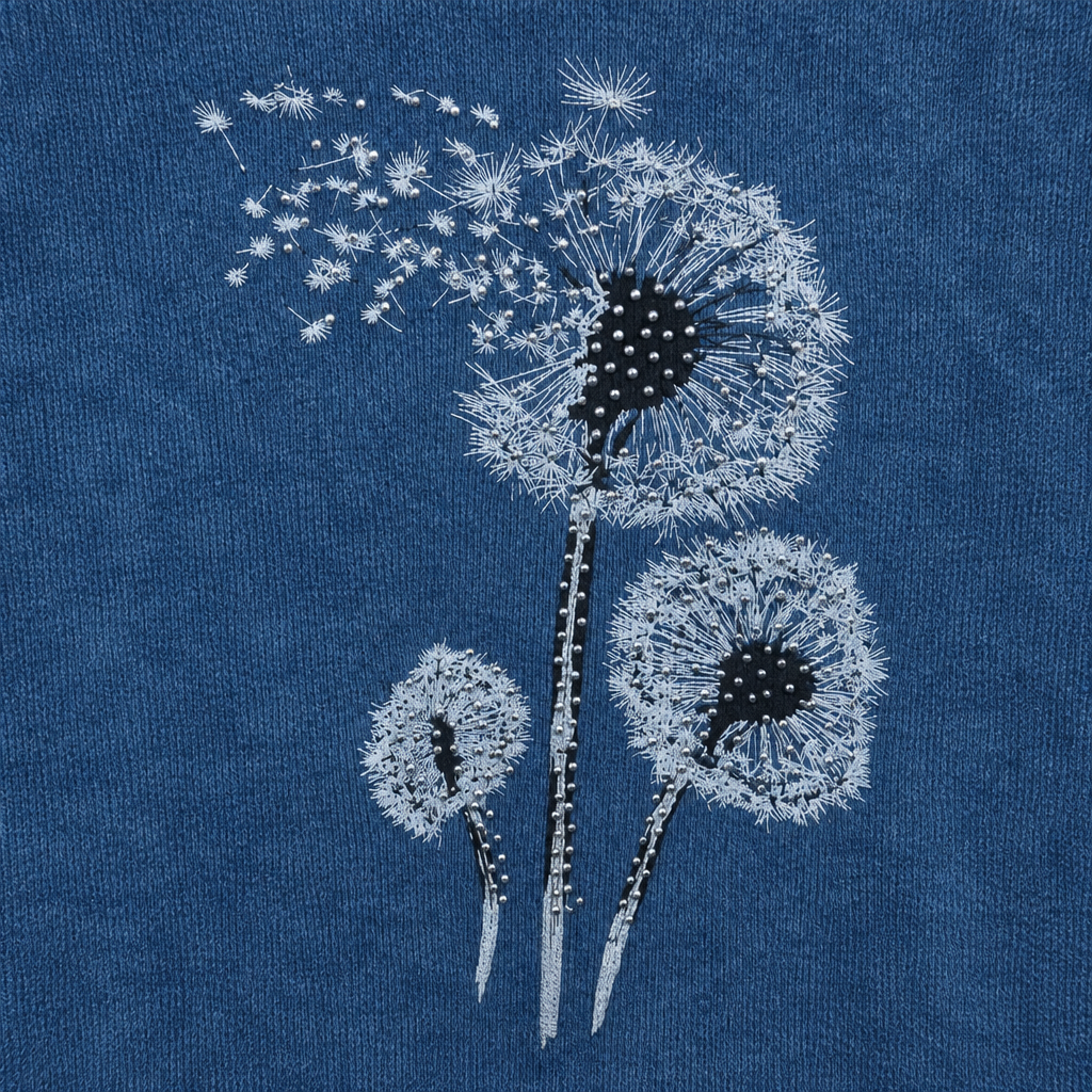 Pusteblumenmotiv auf blauem Oberteil, KI-Entwurf