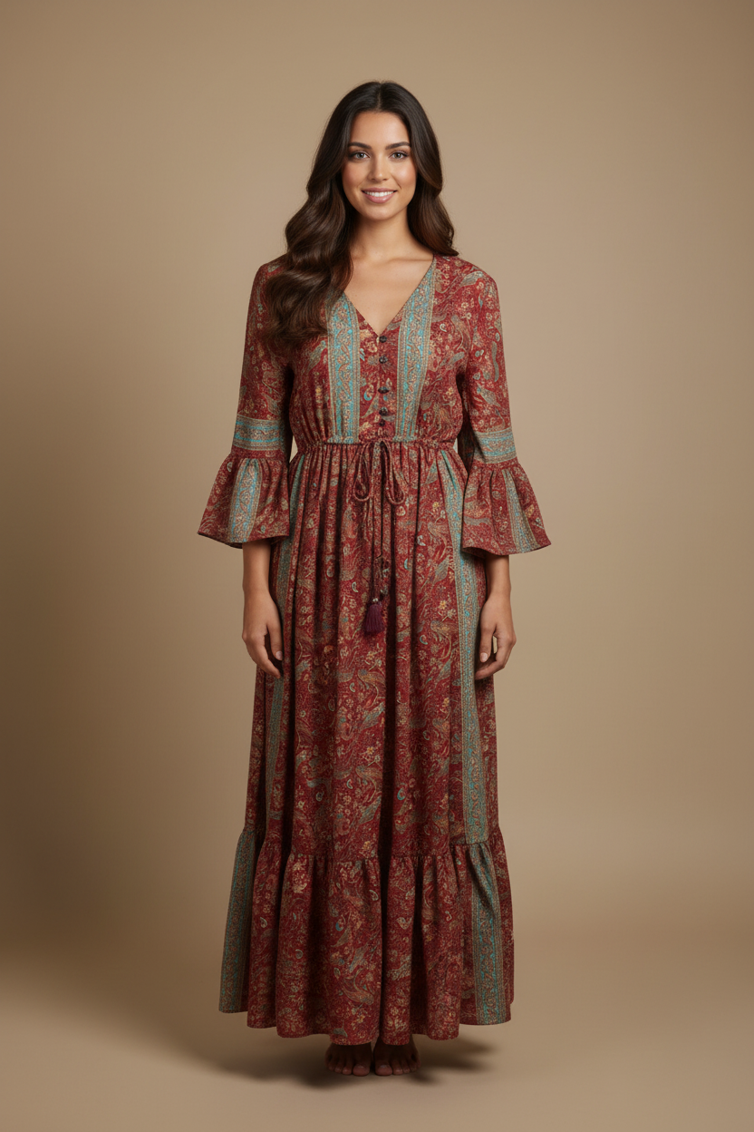 Boho Maxi Kleid Bordeaux Paisley – Studio Hauptbild