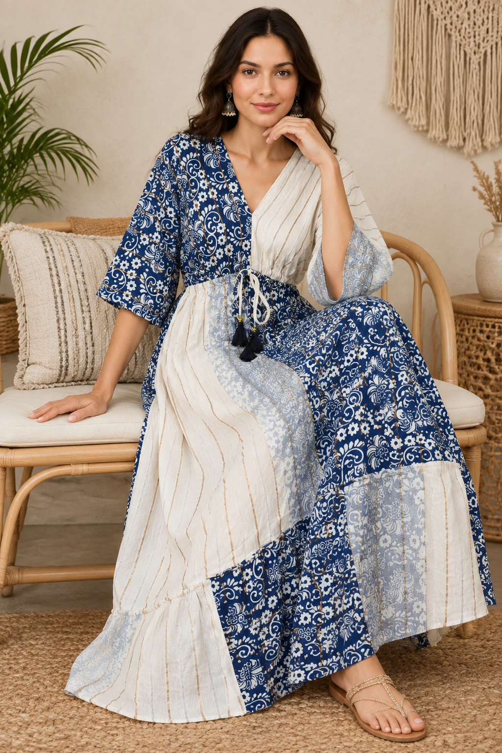 Boho Maxikleid Dunkelblau Weiß Patchwork – Sitzbild