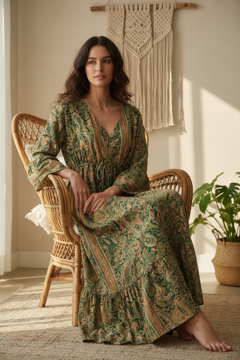 Boho Maxi Kleid Waldgrün Gold Baroque Paisley – Sitzbild