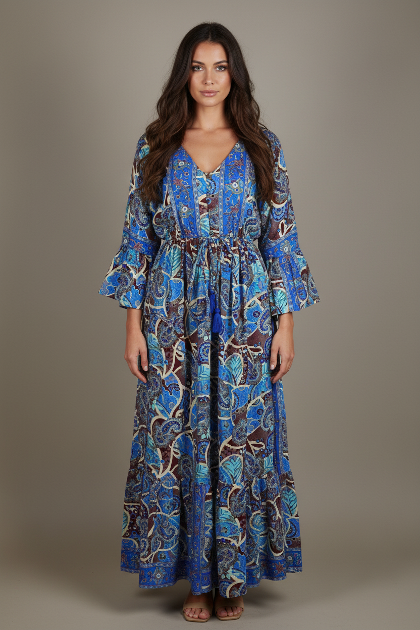 Boho Maxi Kleid Kobaltblau Bordeaux Paisley – Studio Hauptbild
