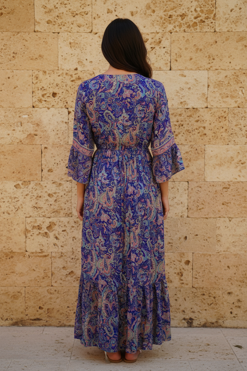 Boho Maxi Kleid Blau Lila Paisley – Rückseite Steinwand