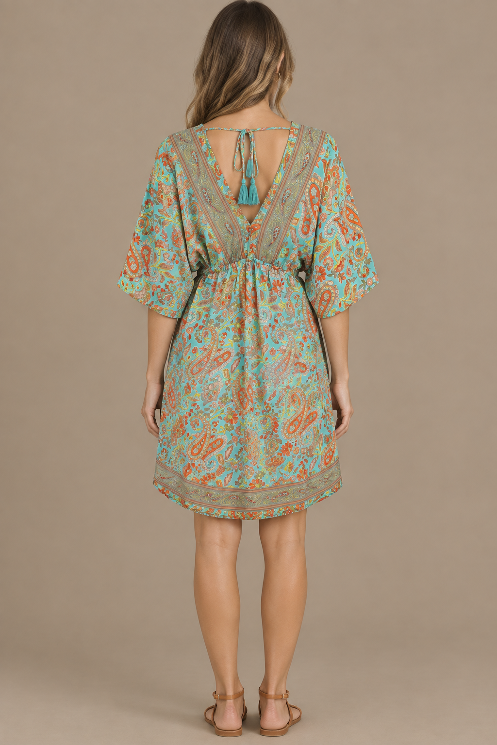 Boho Tunika in Mintgrün und Koralle – Rückansicht