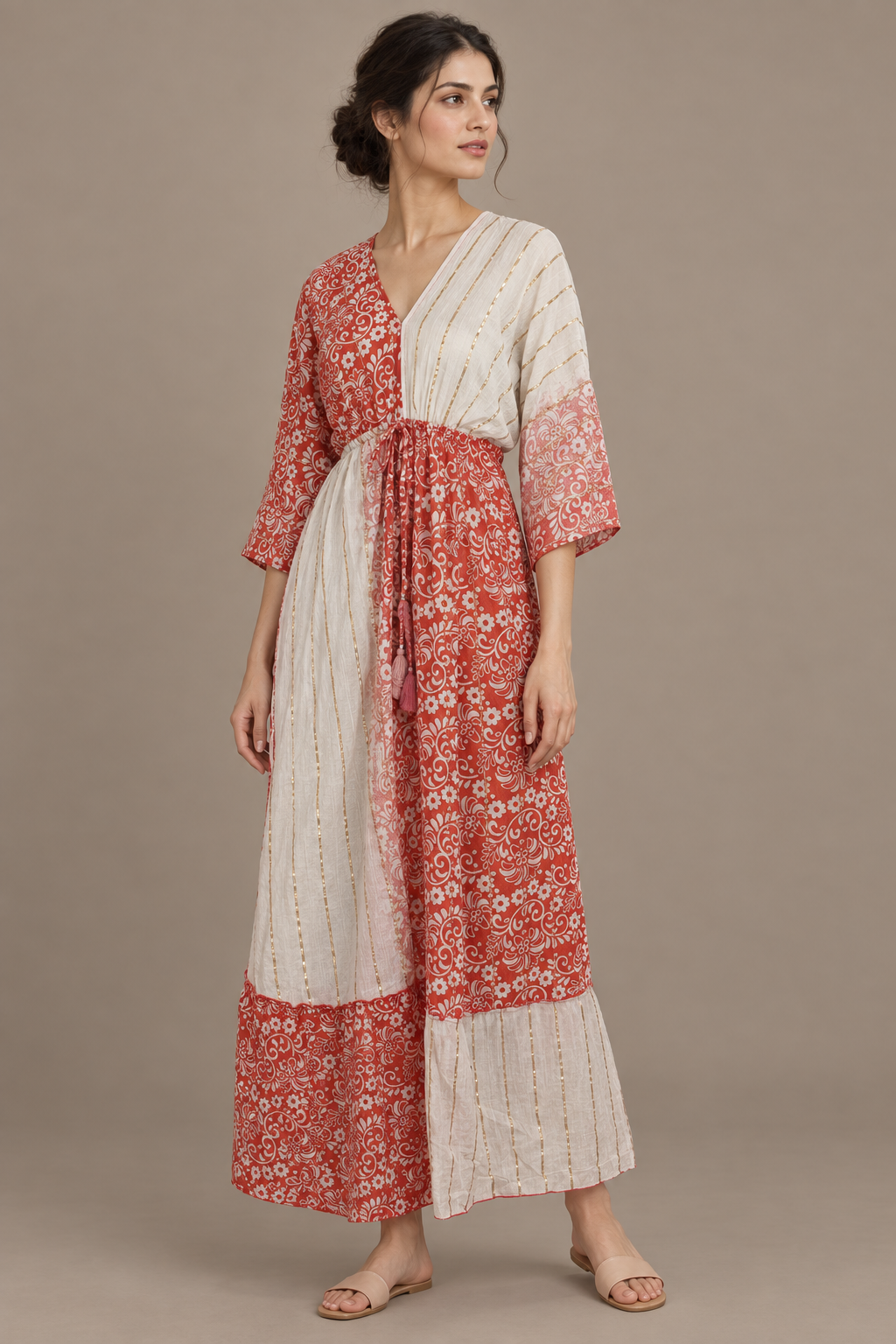 Boho Maxikleid Korallrot Rosa Creme – Seitenansicht