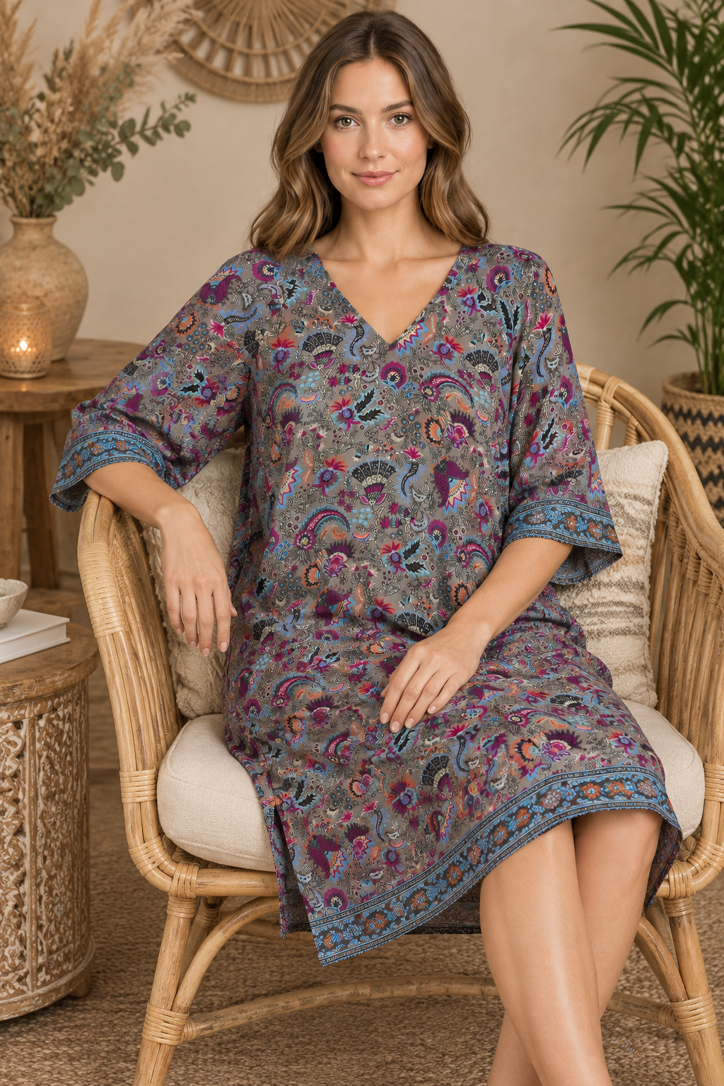 Boho Tunika Taupe mit Paisley-Muster – Sitzbild