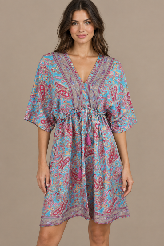 Boho Tunika in Aqua und Pink – Vorderansicht im Studio
