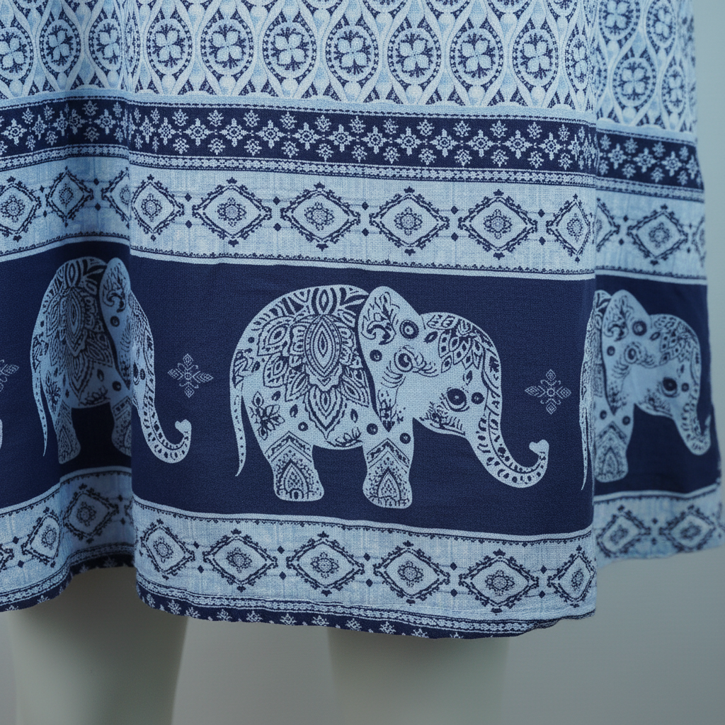 Sommerkleid Maya Weiß/Blau – Elefanten-Detailshot