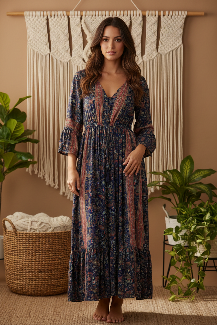 Boho Maxi Kleid Blau Bordeaux – Boho Stehend