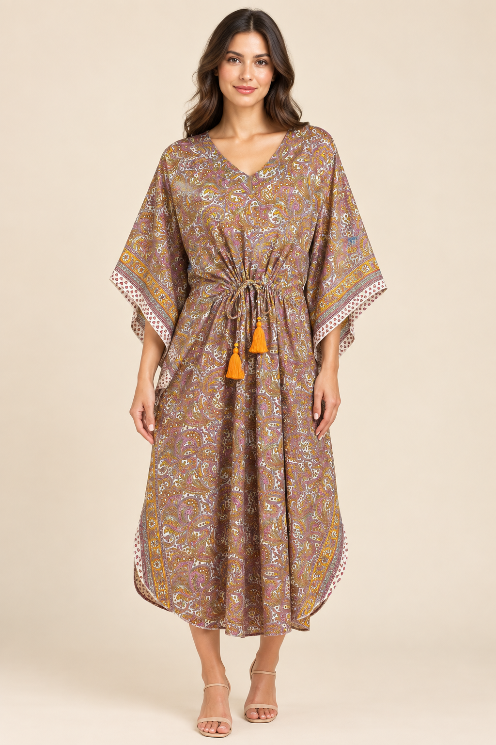 Paisley-Kaftankleid – Hauptbild Vorderansicht im Studio