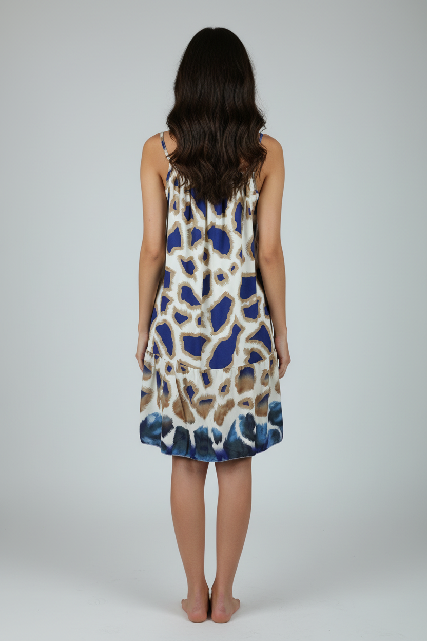Sommerkleid Animal Print Creme Blau hinten