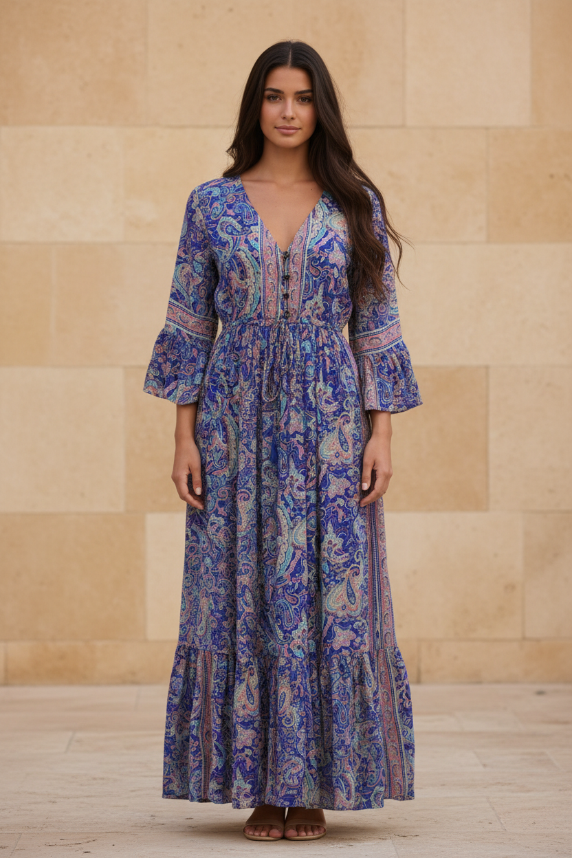 Boho Maxi Kleid Royal-Blau Paisley – Steinwand