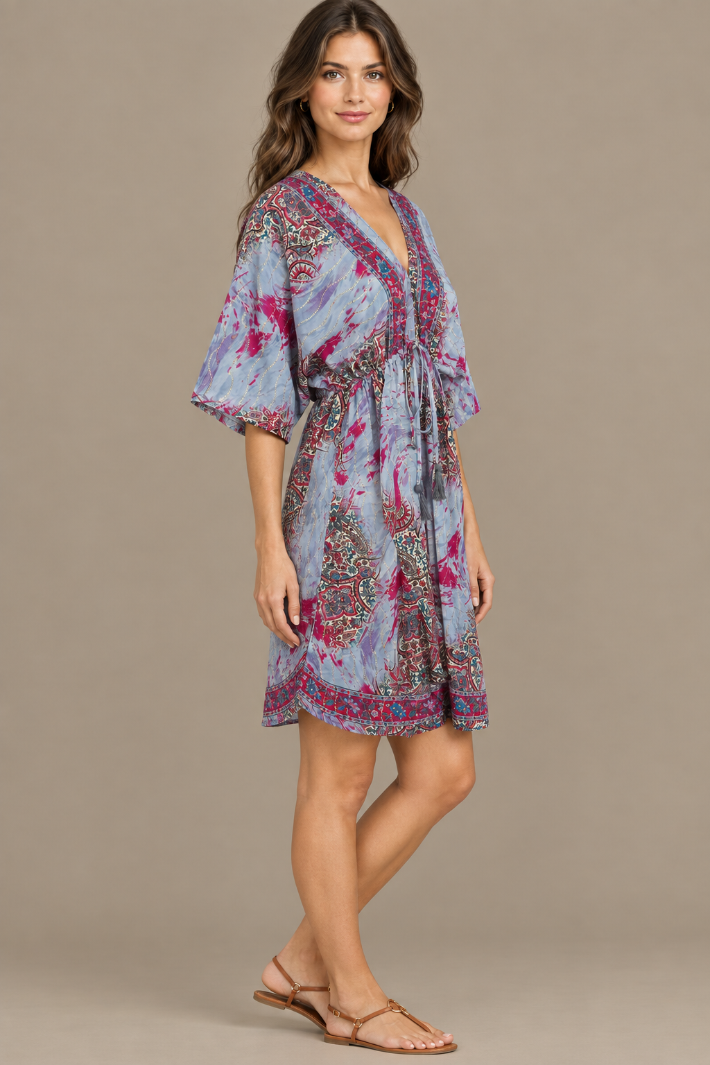 Boho Tunika in Silbergrau und Pink – Seitenansicht