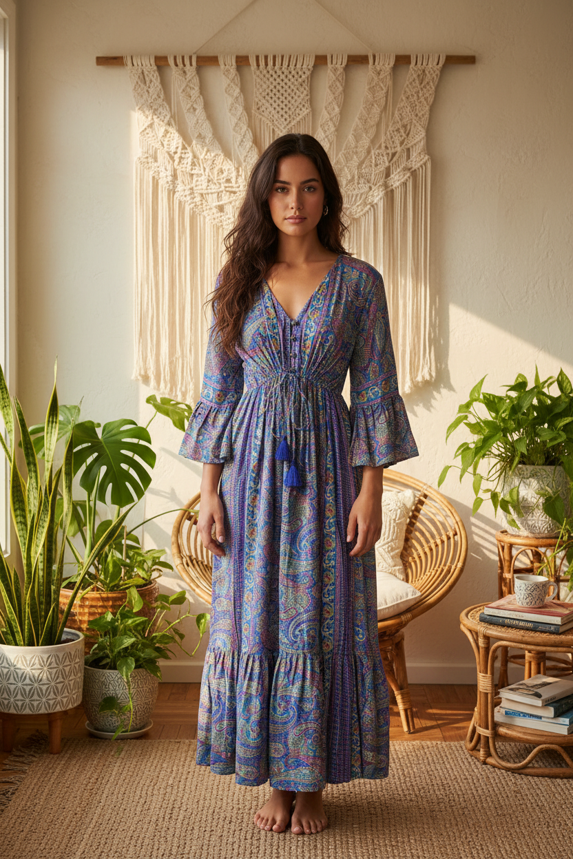 Boho Maxi Kleid Blau Lila Paisley – Boho Stehend
