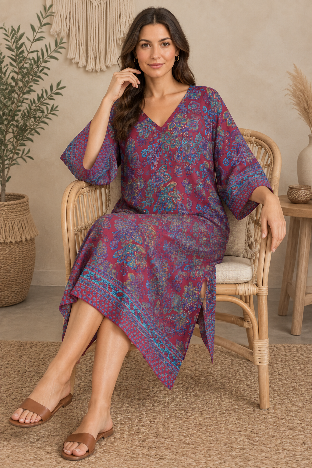 Boho Tunika Bordeaux und Türkis – Sitzbild