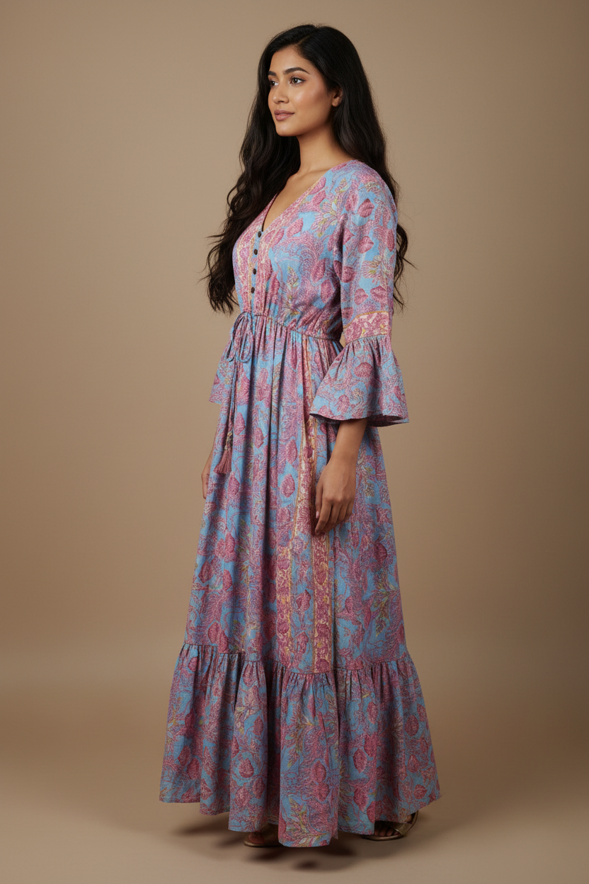 Boho Maxi Kleid Himmelblau Pink Rosen – Seitenansicht