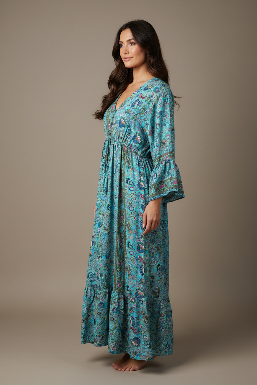 Boho Maxi Kleid Türkis Exotischer Print – Studio Seitenansicht