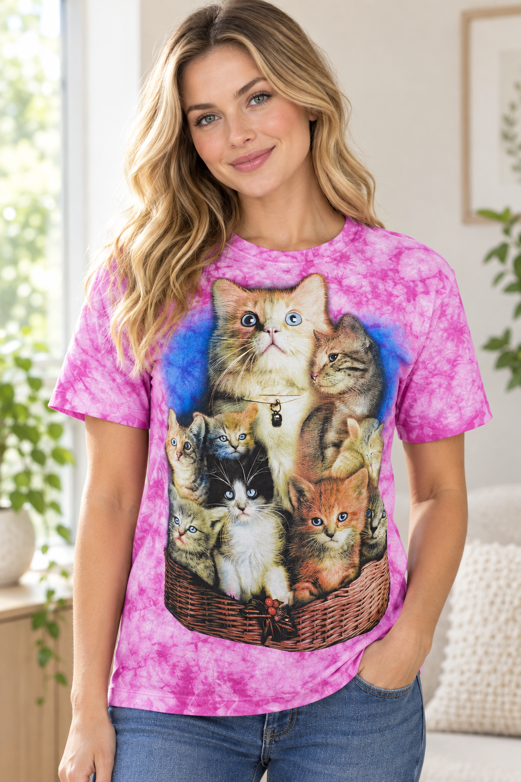 Frau trägt das pinke Cats in Basket Tie-Dye Damen T-Shirt