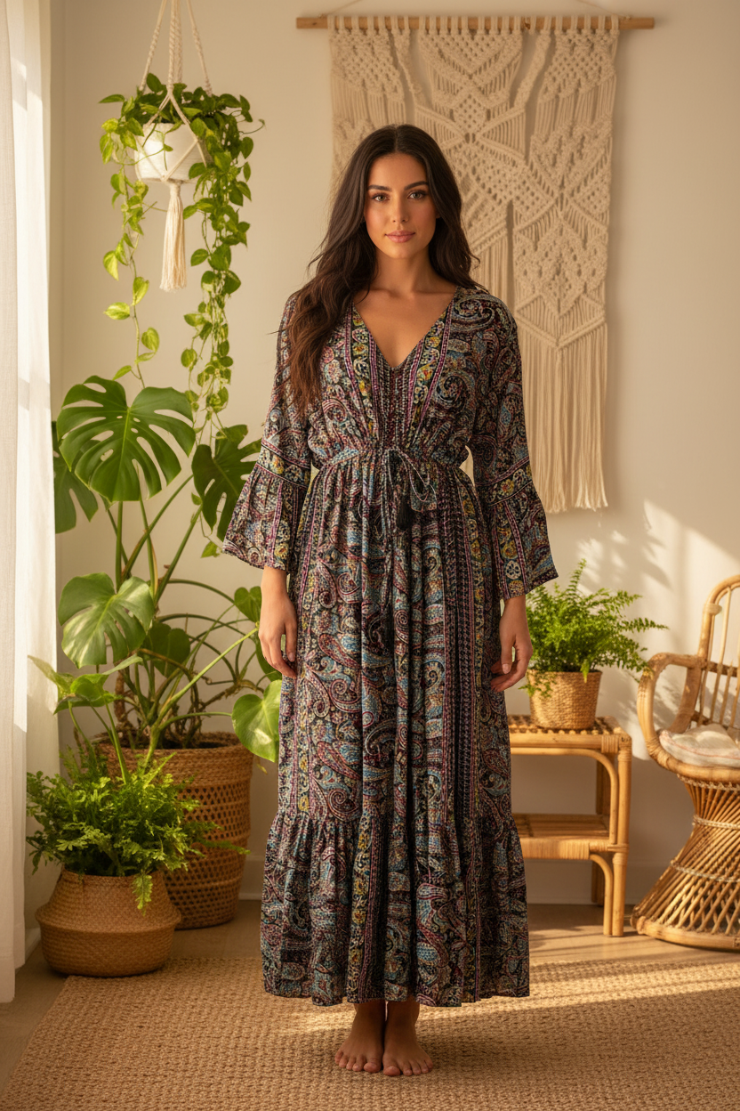 Boho Maxi Kleid Schwarz Paisley – Boho Stehend