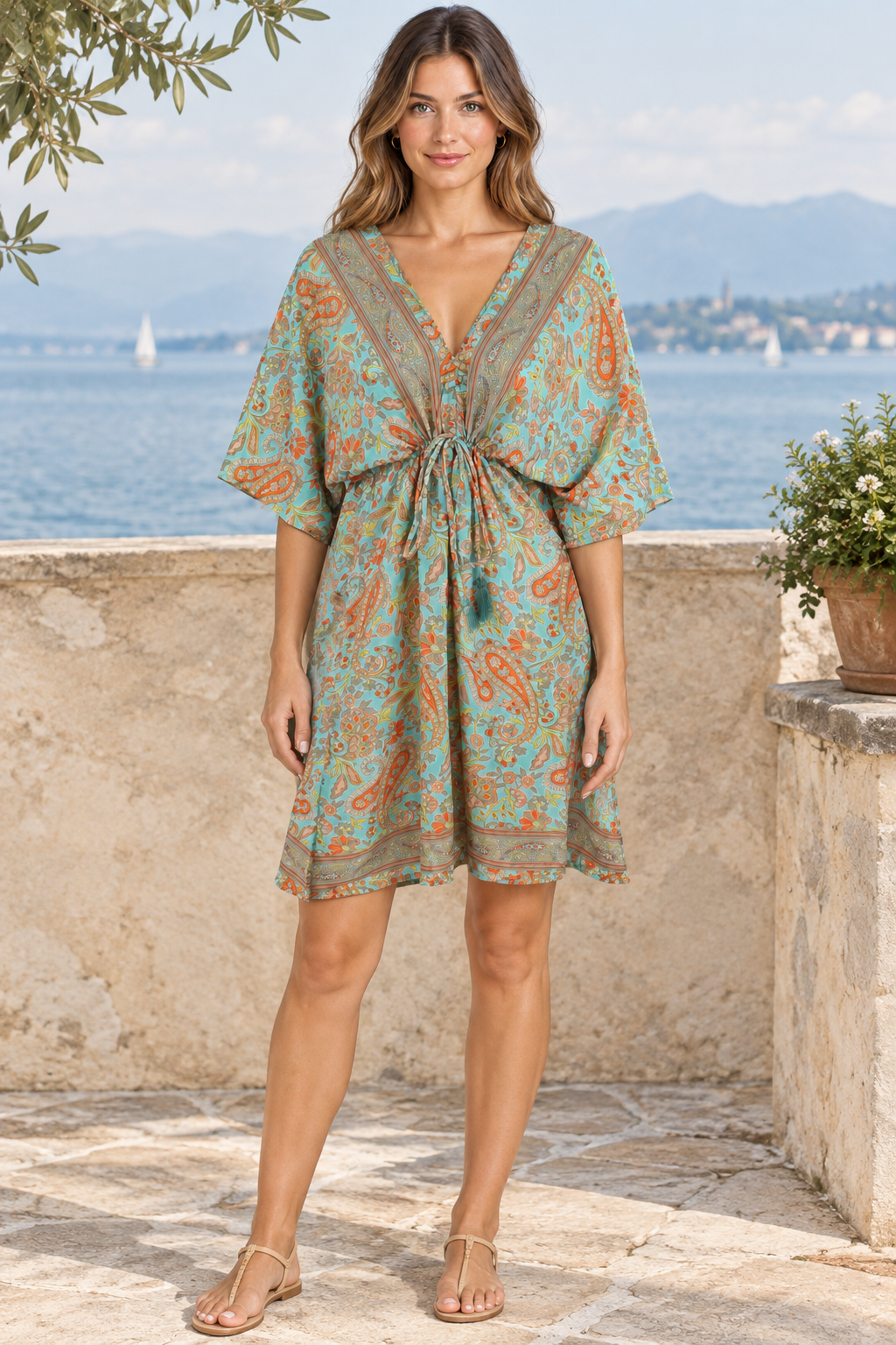 Boho Tunika in Mintgrün und Koralle vor heller Steinwand