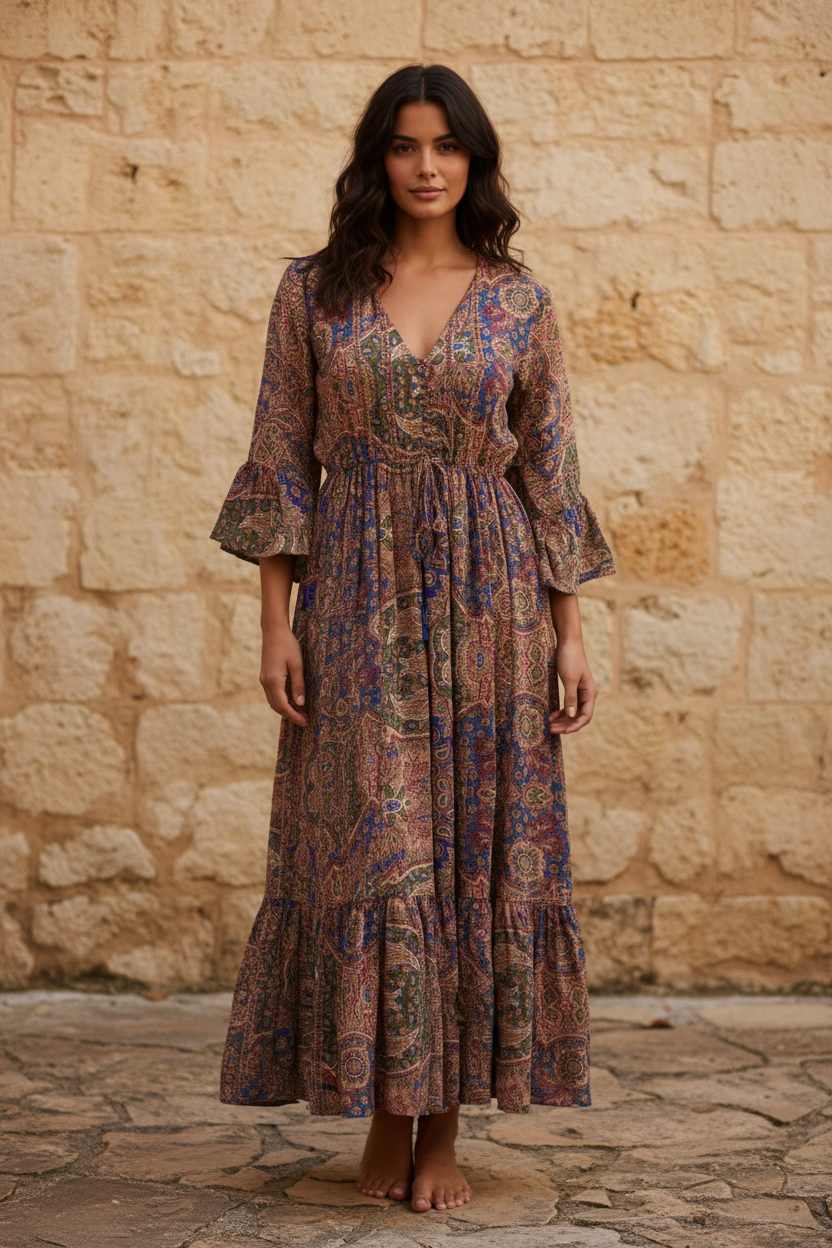 Boho Maxi Kleid Bordeaux Blau Patchwork – Steinwand Stehend