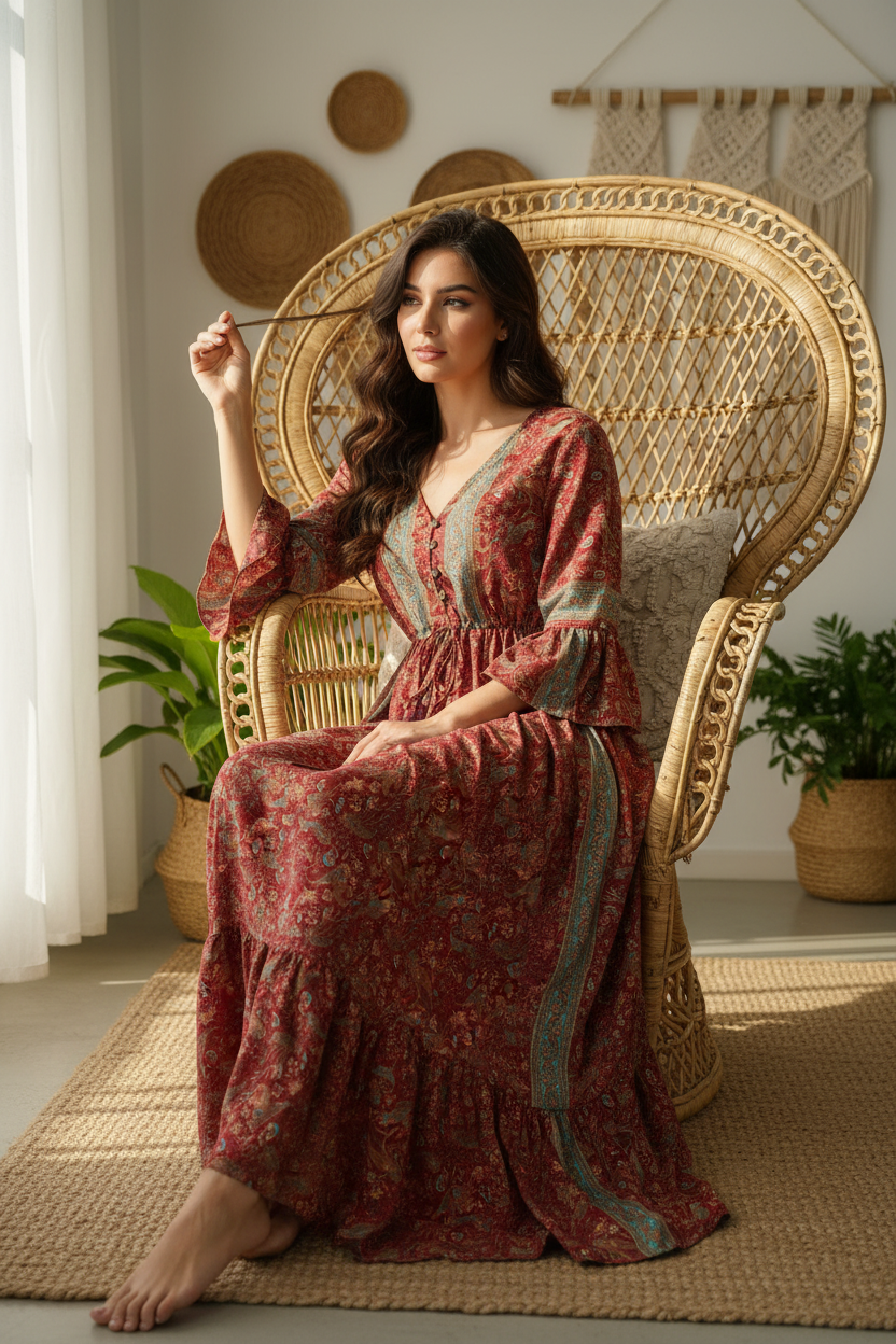 Boho Maxi Kleid Bordeaux Paisley – Sitzbild