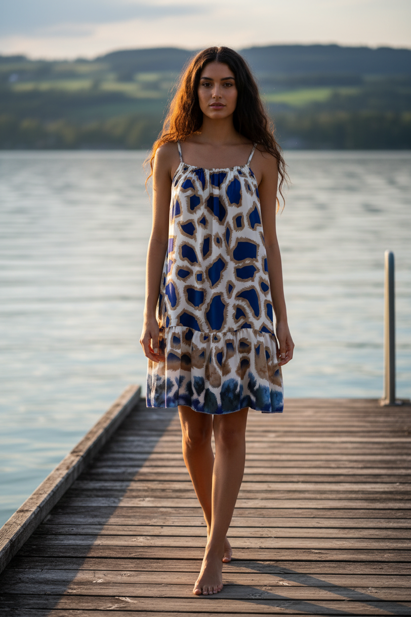 Sommerkleid Animal Print Creme Blau Bodensee