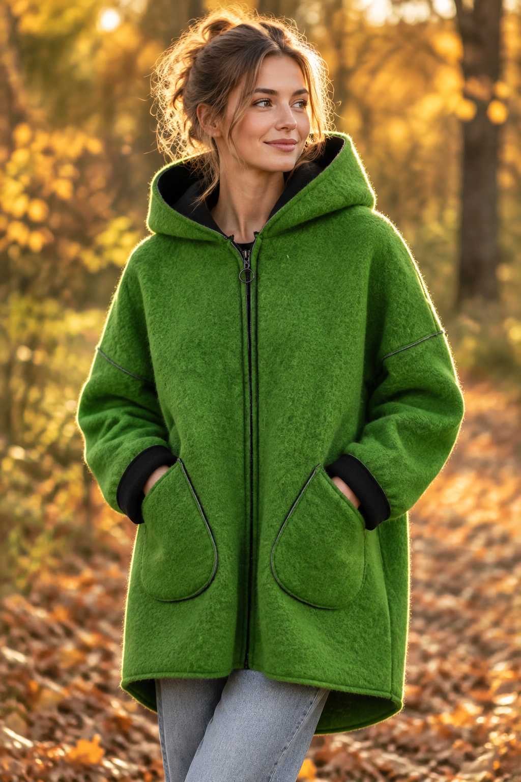 Kapuzenjacke Wollfilz Grün – Herbst Moodbild