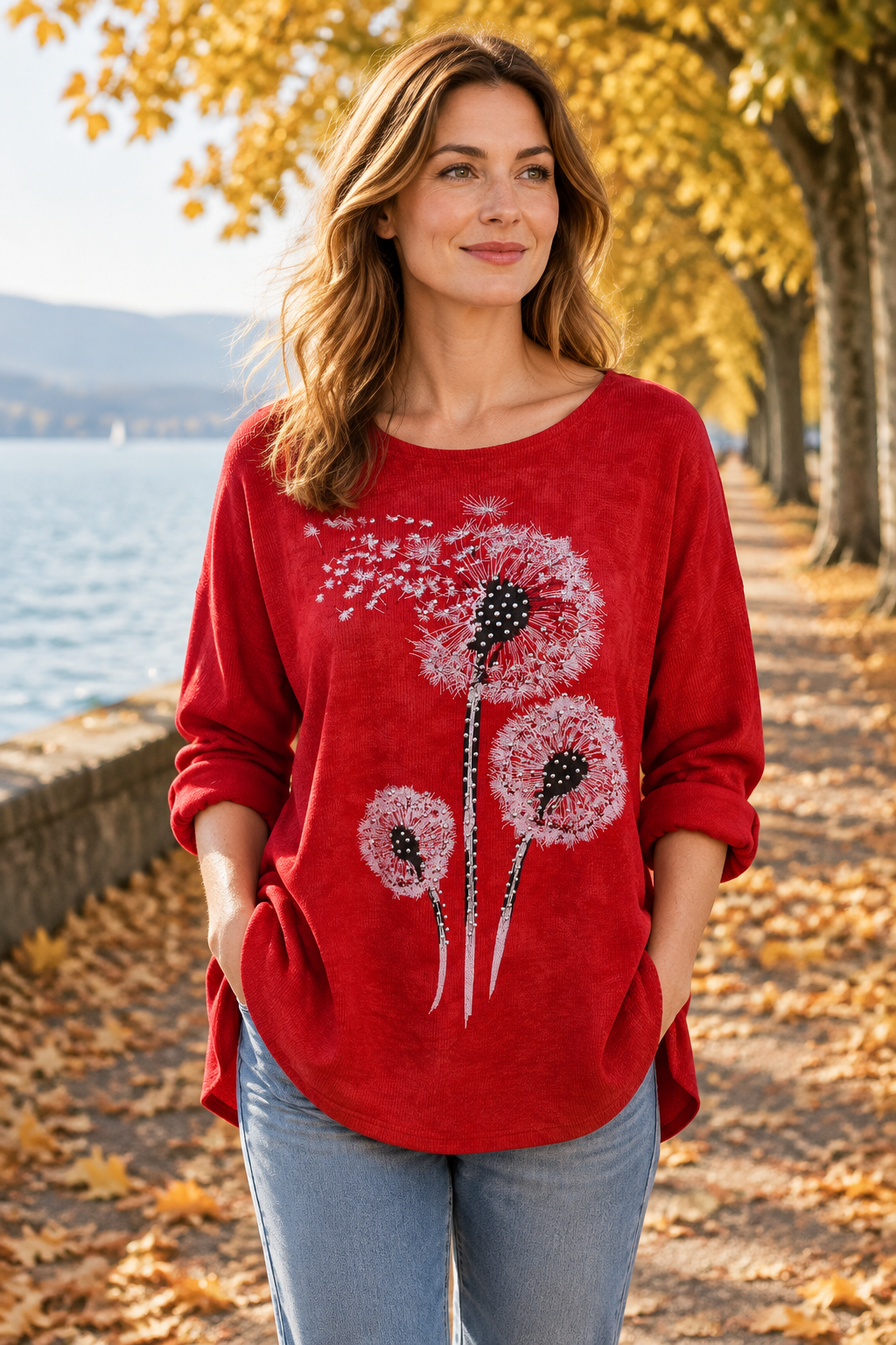 Rotes Oberteil am Model auf herbstlichem Weg am See