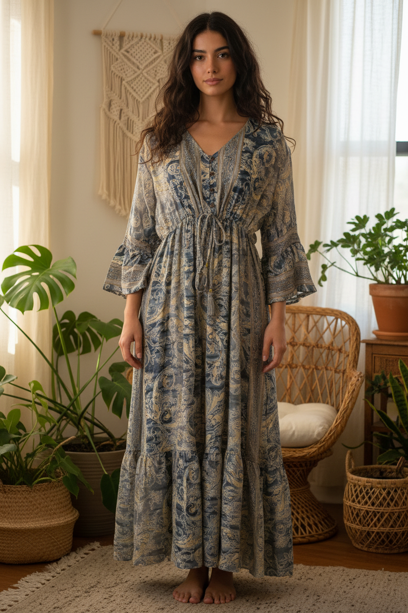 Boho Maxi Kleid Stahlblau Beige Baroque Paisley – Boho Stehend