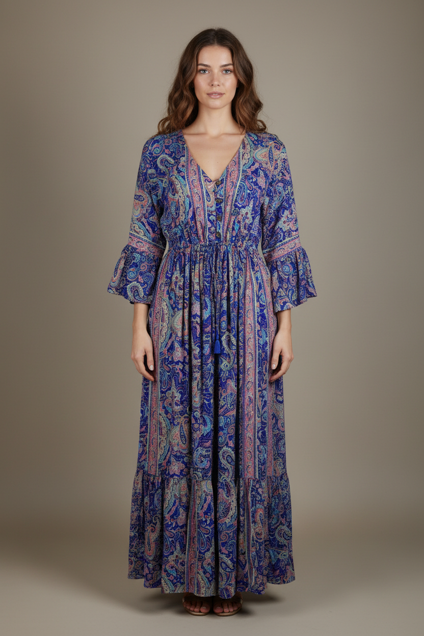 Boho Maxi Kleid Blau Lila Paisley – Studio Hauptbild