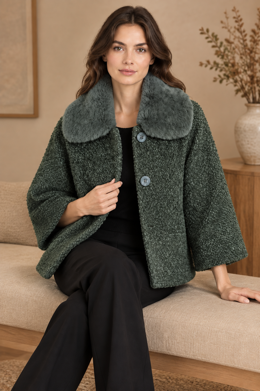 Model sitzt in einem olivgrauen Bouclé-Wintermantel mit grauem Fellkragen