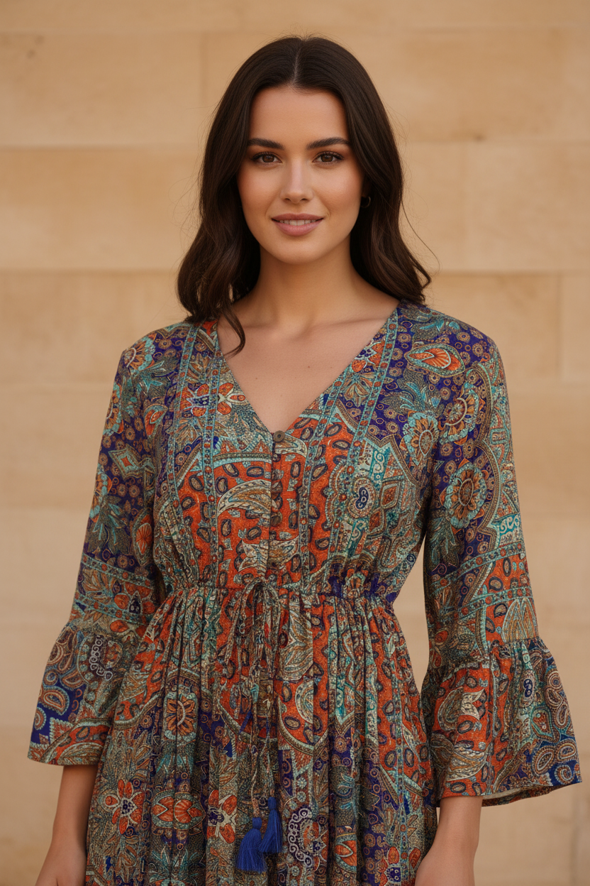 Boho Maxi Kleid Multicolor Patchwork Paisley – Detailbild Ausschnitt