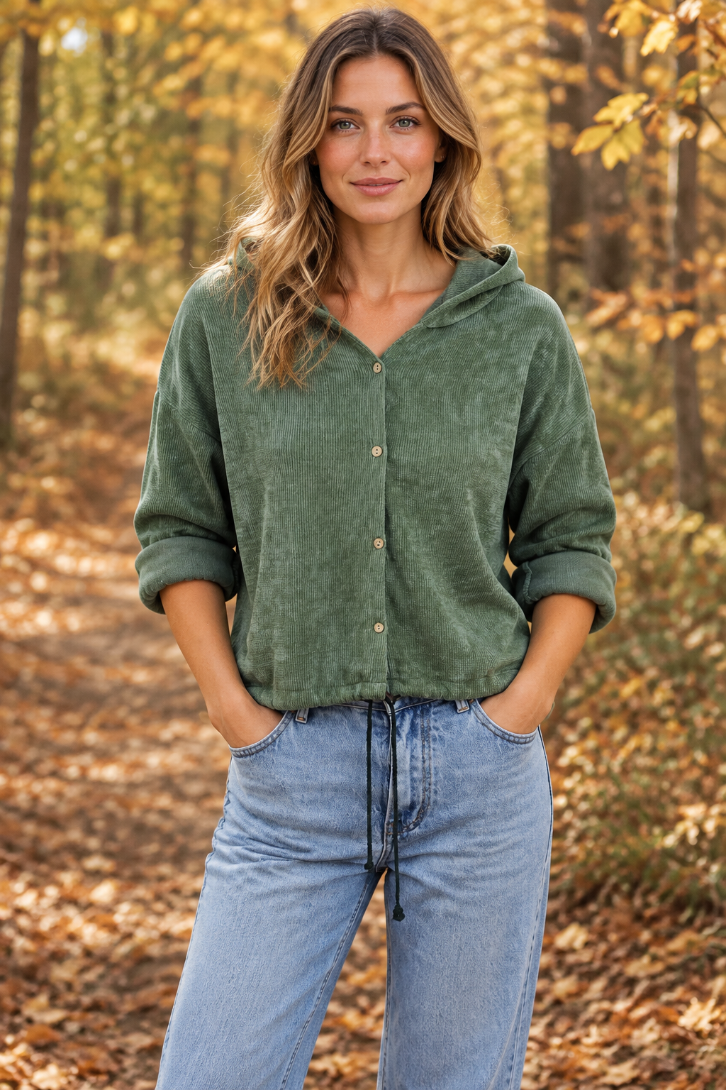 Olivgrüner Cord-Hoodie auf herbstlichem Waldweg