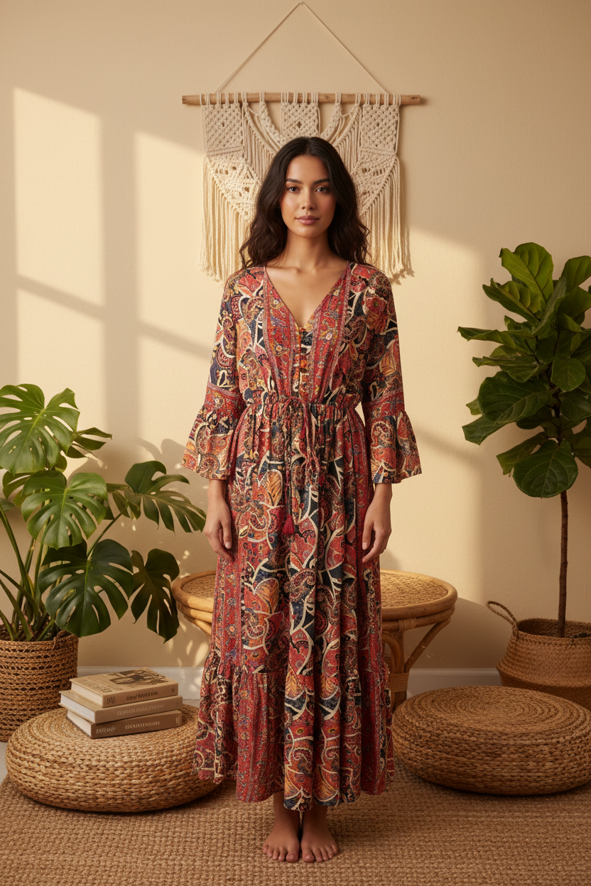 Boho Maxi Kleid Altrosa Dunkelblau Paisley – Boho Stehend