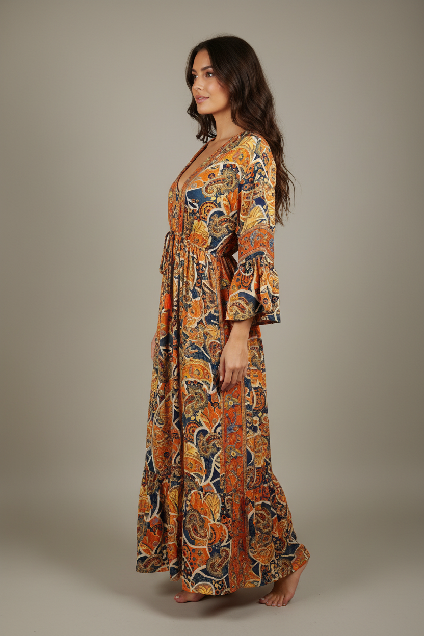 Boho Maxi Kleid Orange Marine Paisley – Studio Seitenansicht