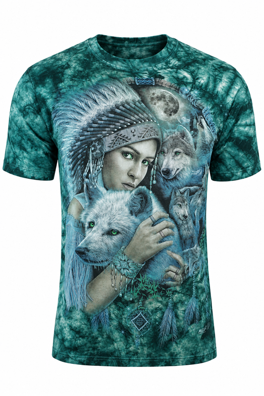 Green Spirit Wolf T-Shirt mit Wolf-, Mond- und Naturmotiv