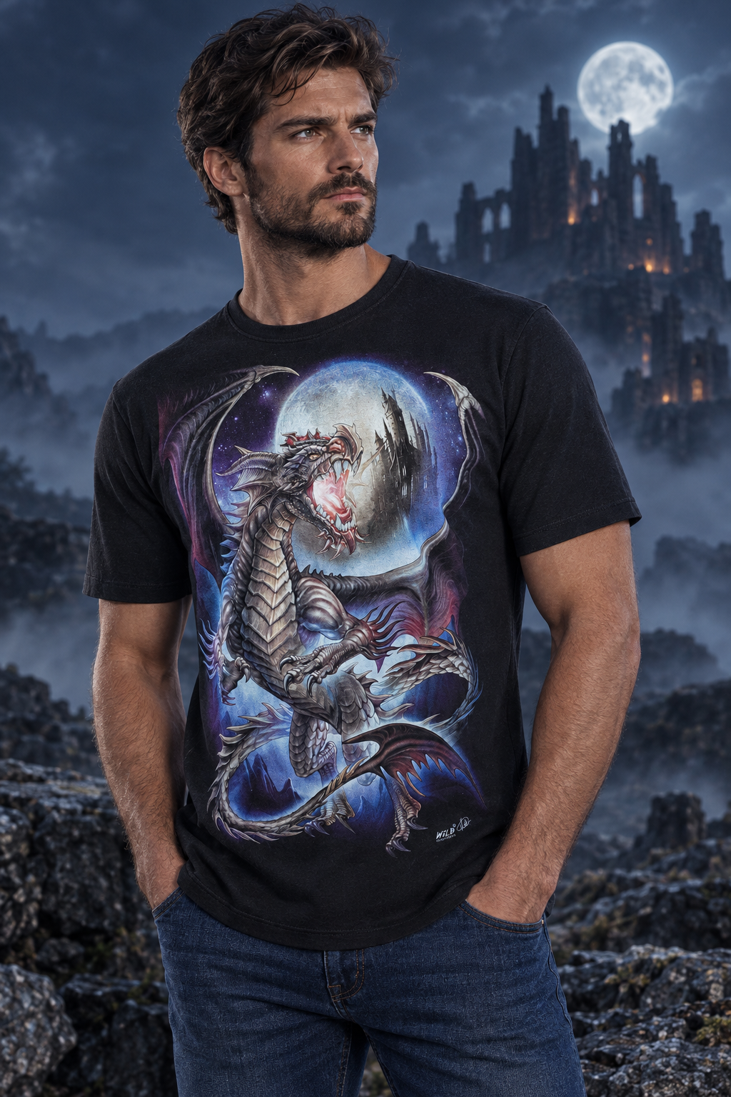 Model trägt das Moon Dragon Fantasy T-Shirt in einer nächtlichen Fantasy-Kulisse