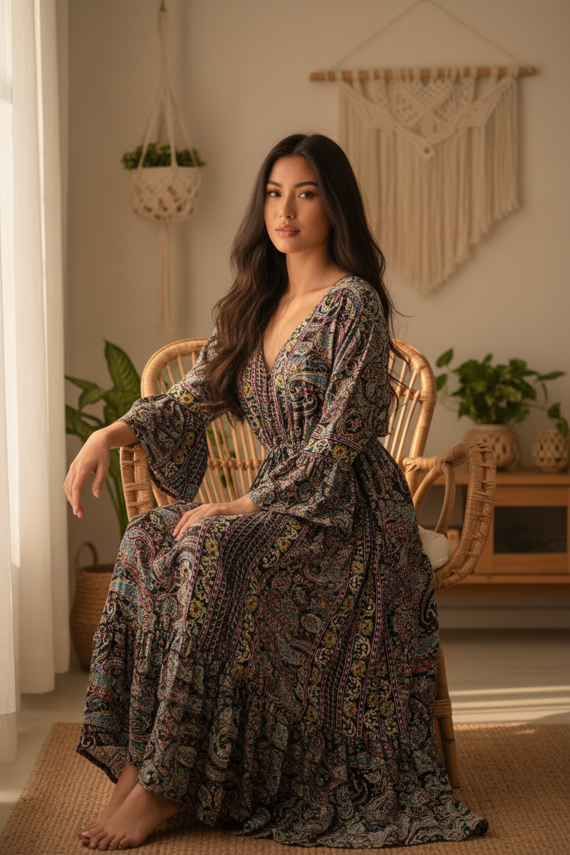 Boho Maxi Kleid Schwarz Paisley – Sitzbild