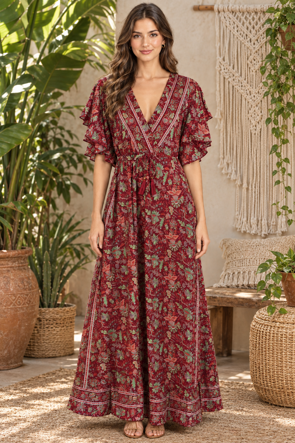 Boho Maxikleid Bordeauxrot Mintgrün im Boho-Ambiente