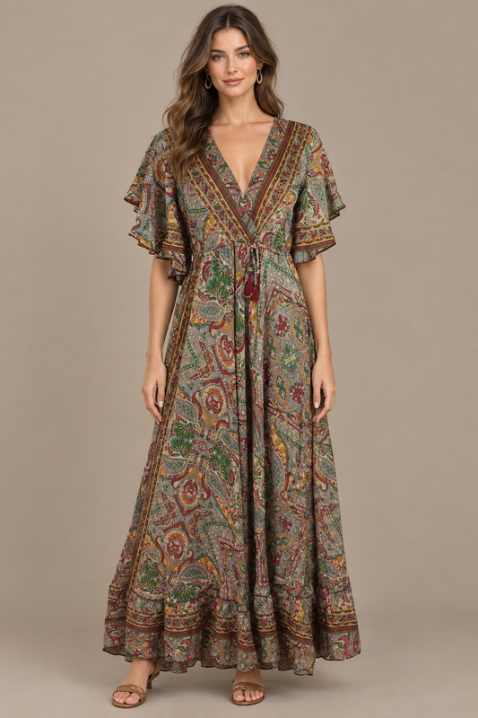 Boho Maxikleid Taupe Olivgrün Bordeaux – Studio Vorderansicht