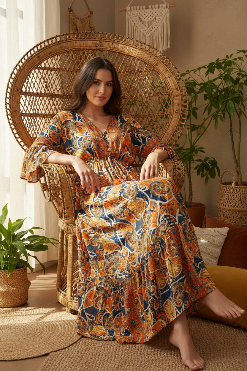 Boho Maxi Kleid Orange Marine Paisley – Sitzbild Boho