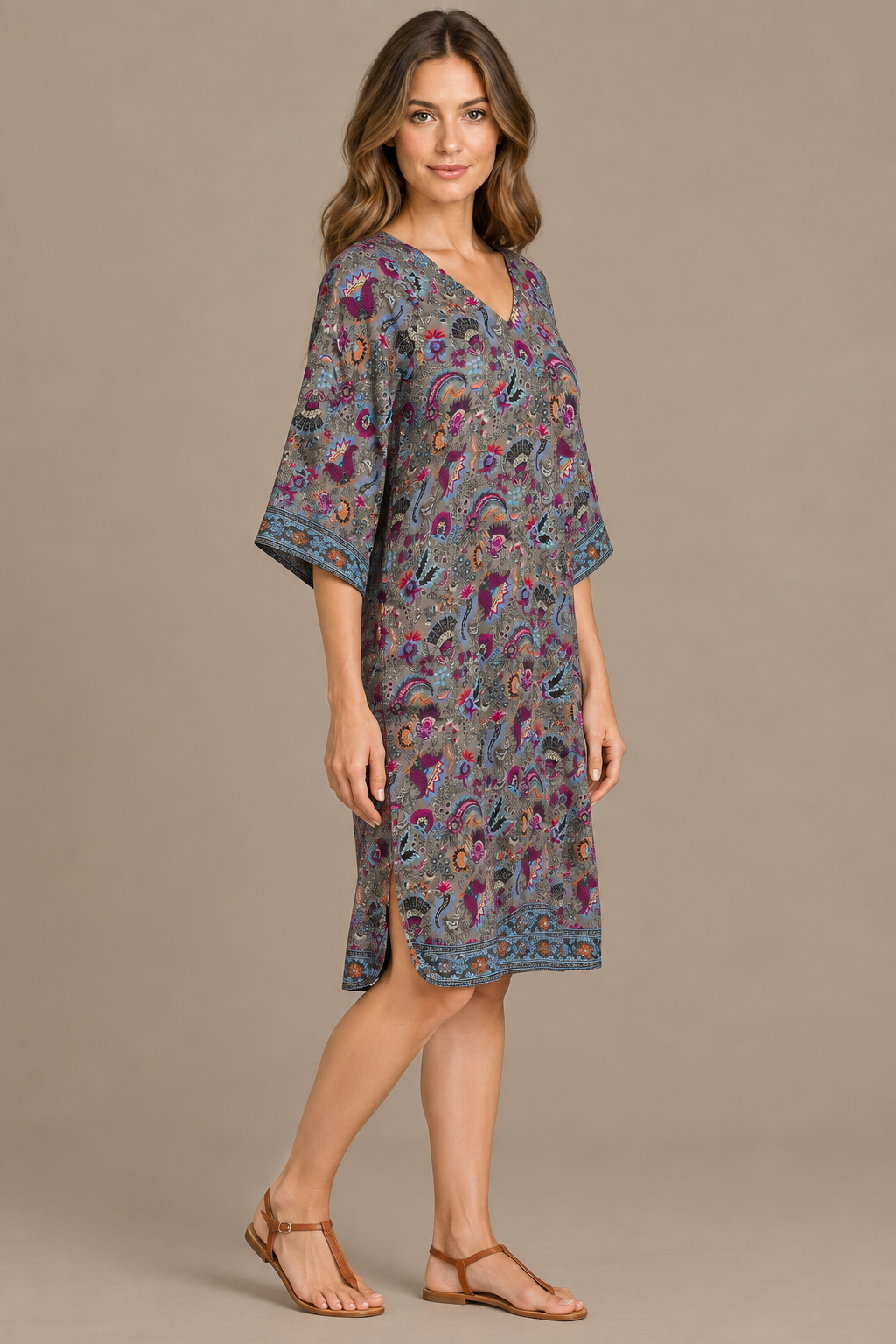 Boho Tunika Taupe mit Paisley-Muster – Seitenansicht