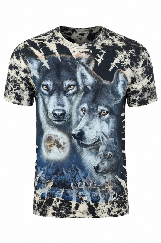 Wolf Moon Tie-Dye T-Shirt in Schwarz-Beige mit Wolf- und Mondmotiv