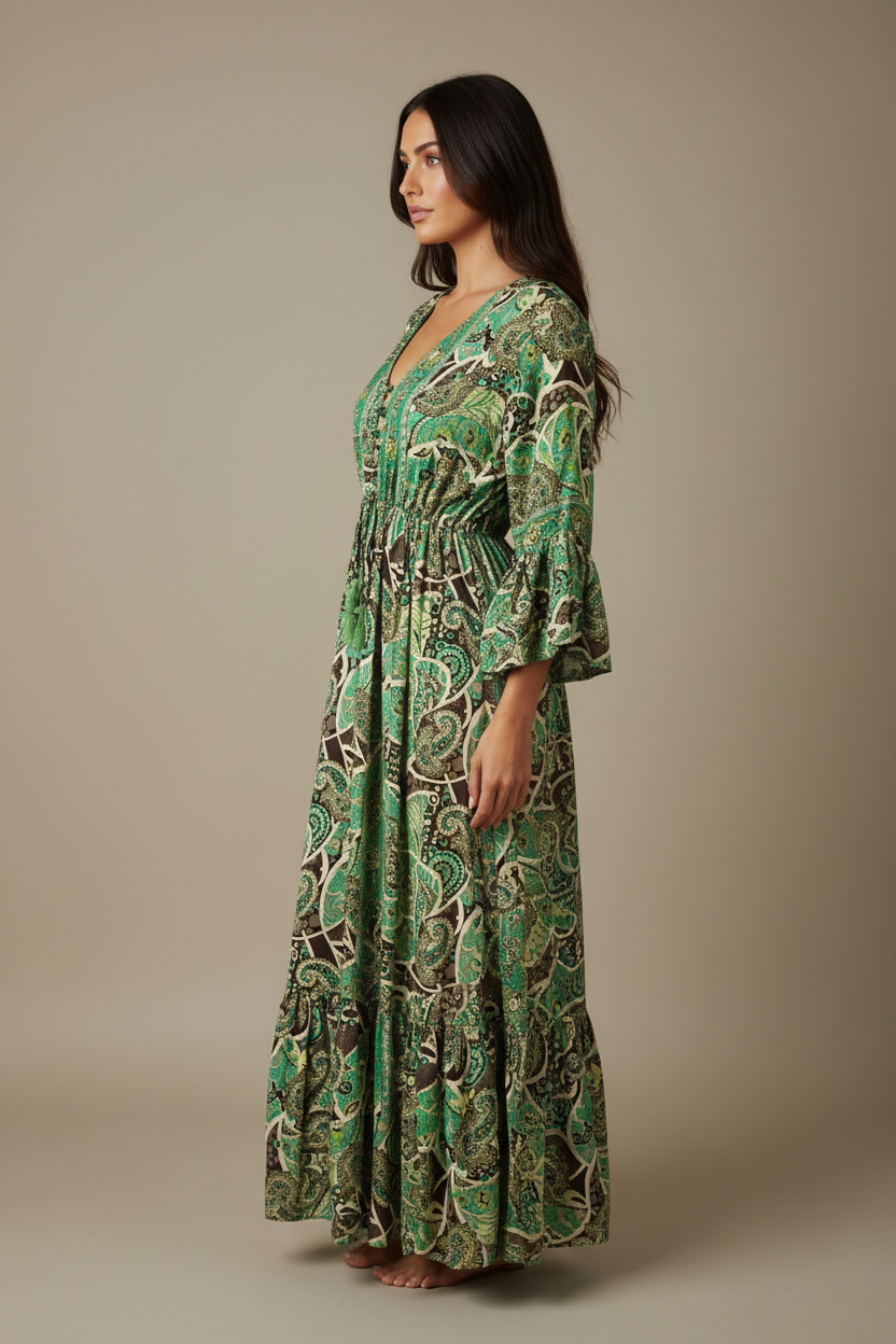 Boho Maxi Kleid Smaragd Dunkelbraun Paisley – Studio Seitenansicht