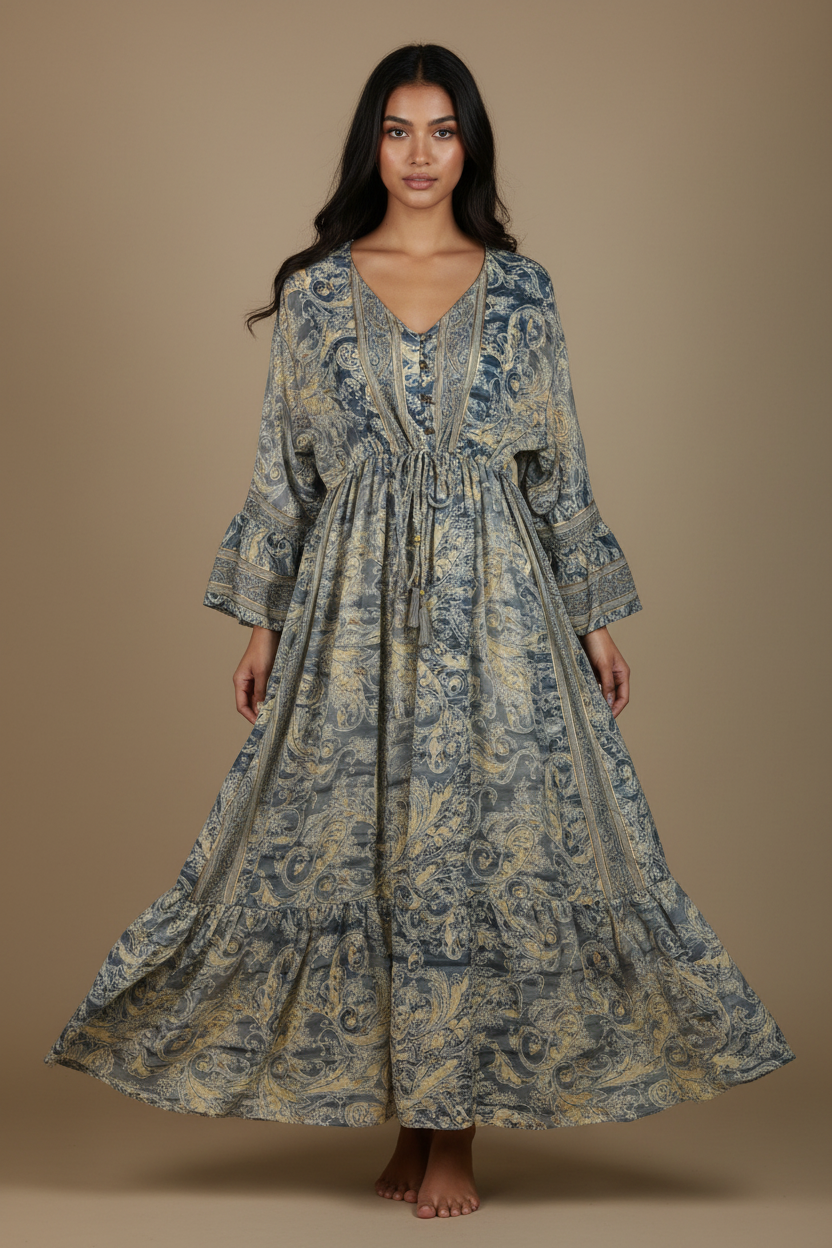 Boho Maxi Kleid Stahlblau Beige Baroque Paisley – Studio Hauptbild