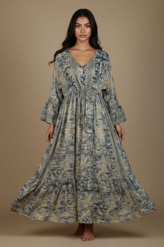 Boho Maxi Kleid Stahlblau Beige Baroque Paisley – Studio Hauptbild