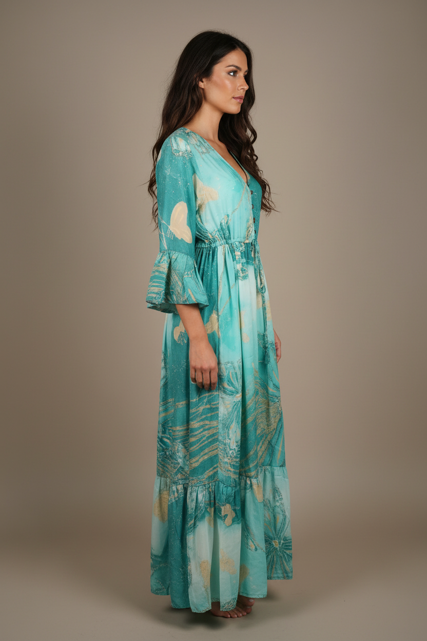 Boho Maxi Kleid Türkis – Studio Seitenansicht