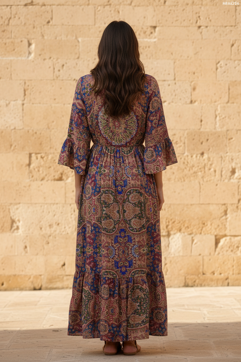 Boho Maxi Kleid Bordeaux Blau Patchwork – Rückseite Steinwand