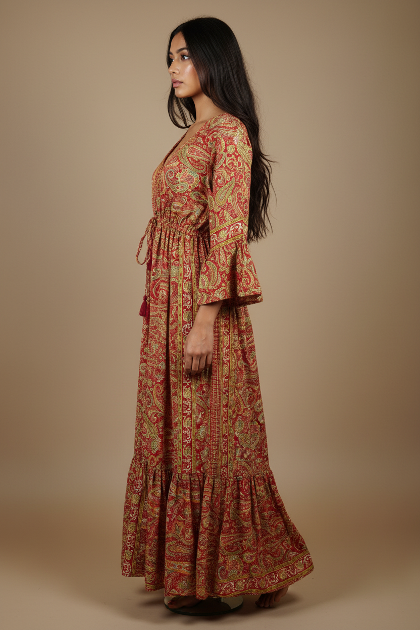 Boho Maxi Kleid Rot Gold Paisley – Seitenansicht